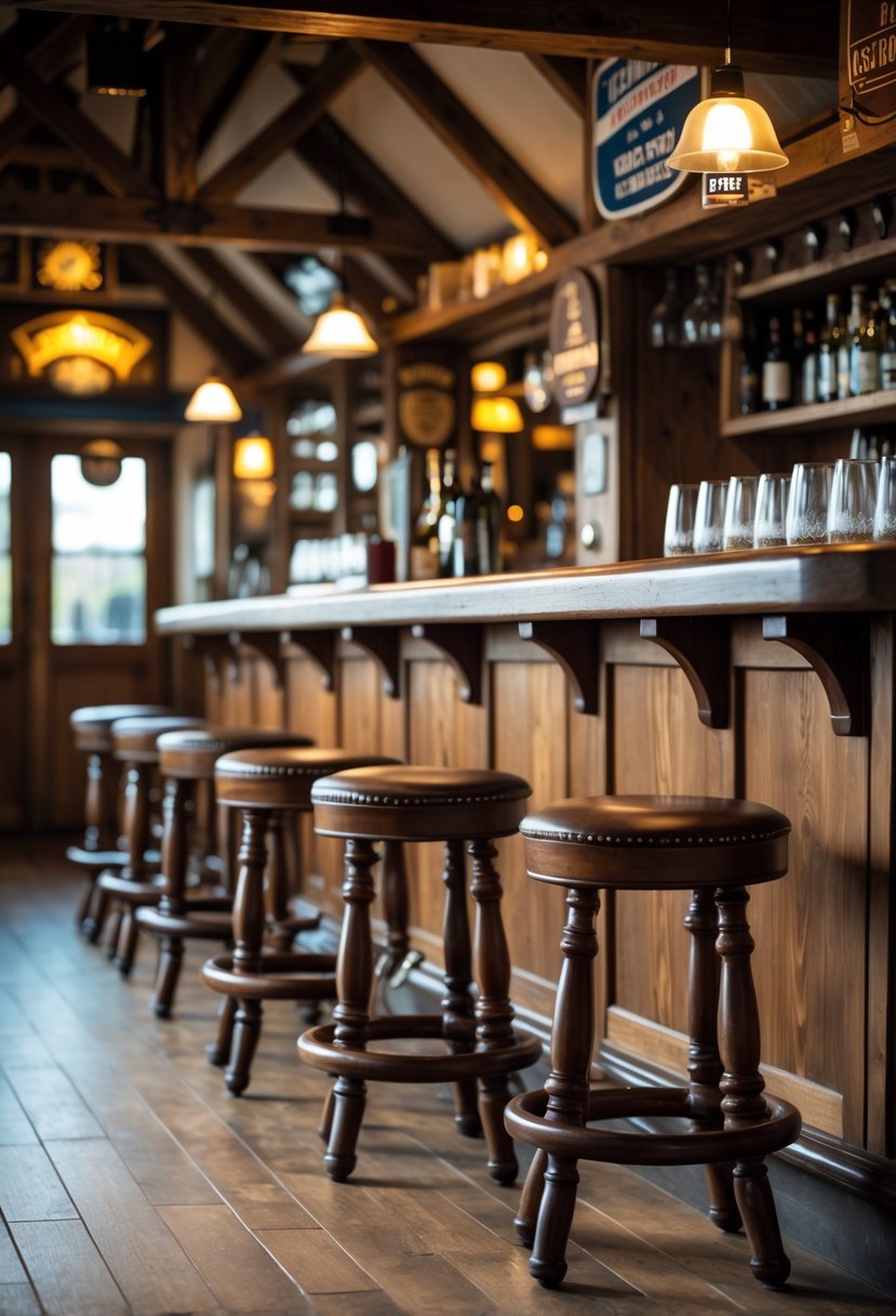 A row of wooden pub stools lined up along a wooden bar counter inside a cozy shed with rustic decor.