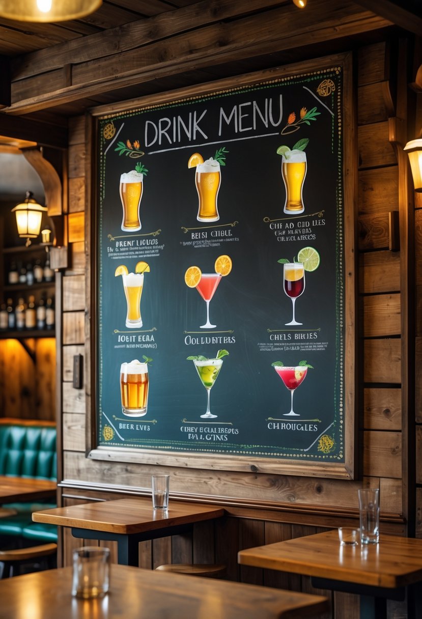Interior of a cozy pub with a large chalkboard drink menu on a wooden wall, warm lighting, and wooden tables and chairs.