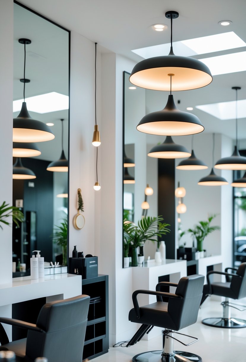 Interior of a salon with pendant lights hanging from the ceiling, salon chairs, and styling stations.