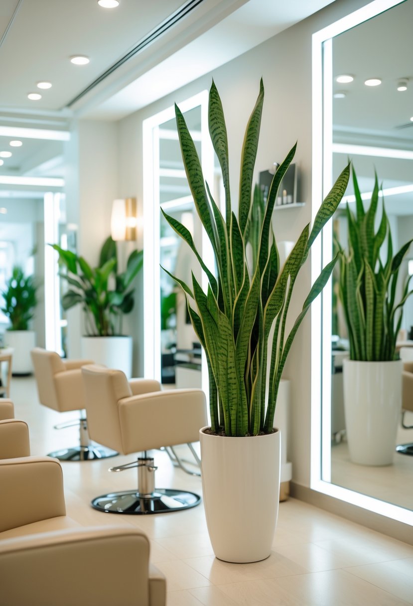 A modern salon interior with snake plants placed around the room, comfortable seating, and large mirrors.
