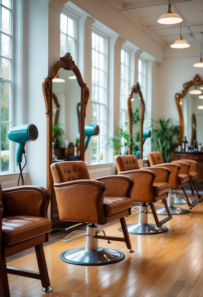 A bright salon interior with vintage wooden and leather salon chairs arranged in a row near large windows.