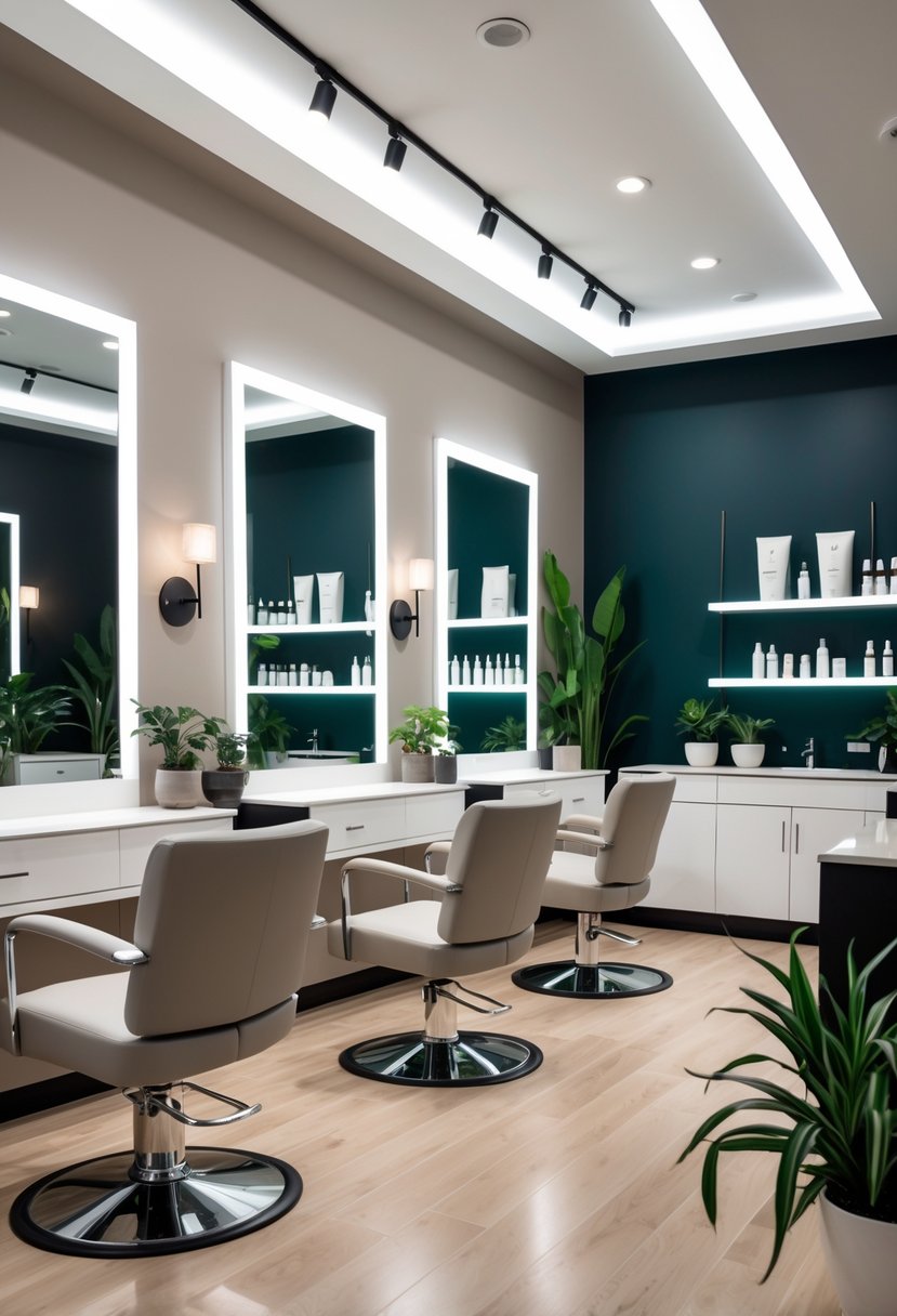 Interior of a salon with neutral colors and one bold accent wall, featuring styling chairs, mirrors, and shelves with hair products.