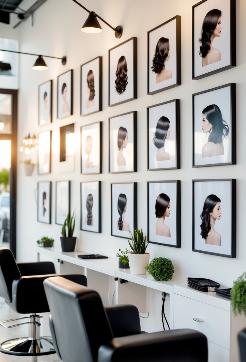 Interior of a salon with framed hairstyling artwork displayed on the walls and salon chairs nearby.