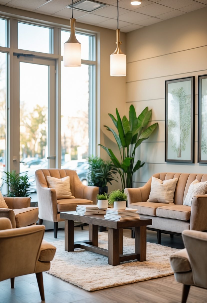 A cozy salon waiting area with plush armchairs, a cushioned sofa, a coffee table, plants, and soft lighting.