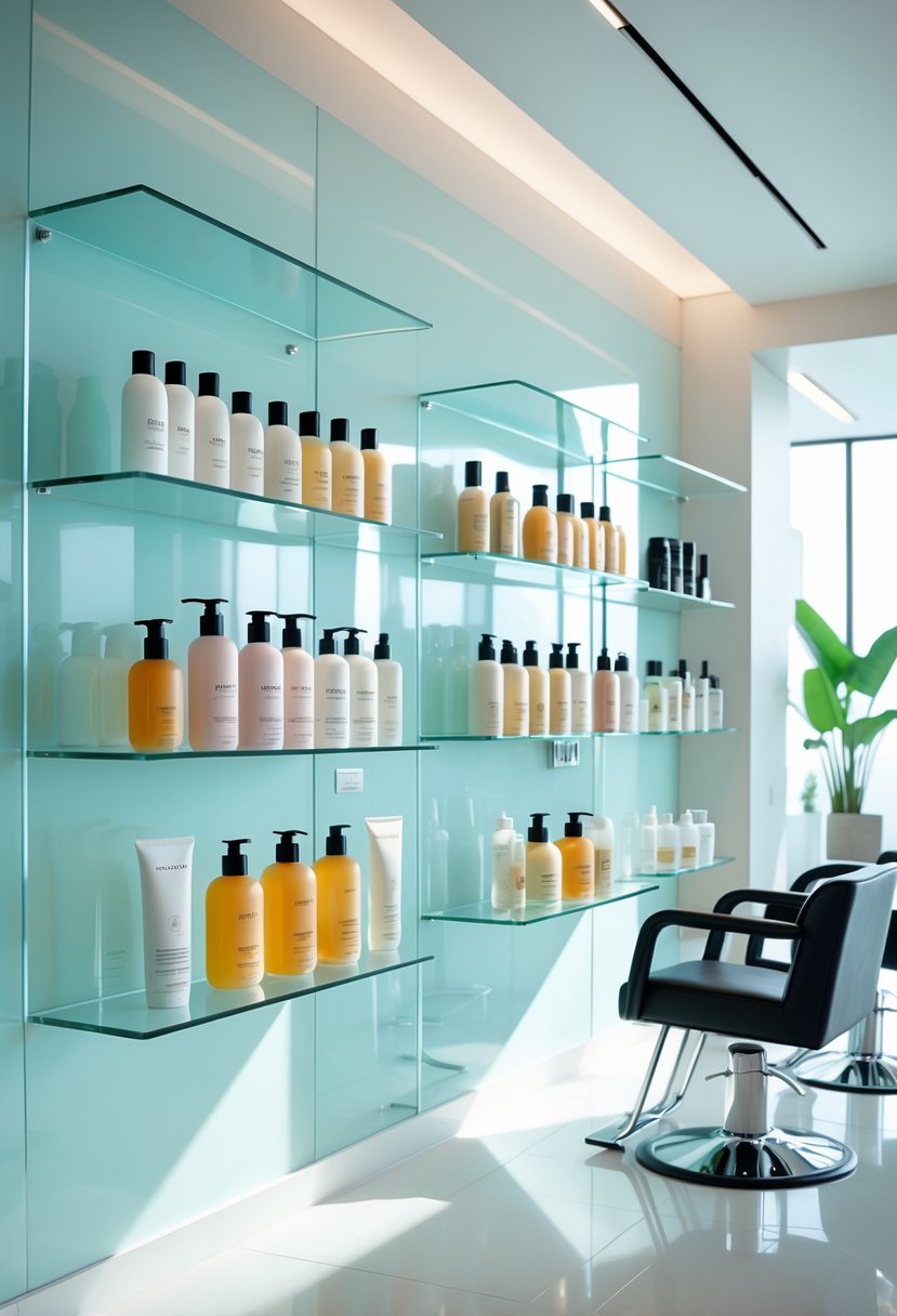 Glass shelves displaying various hair care products in a modern salon setting.