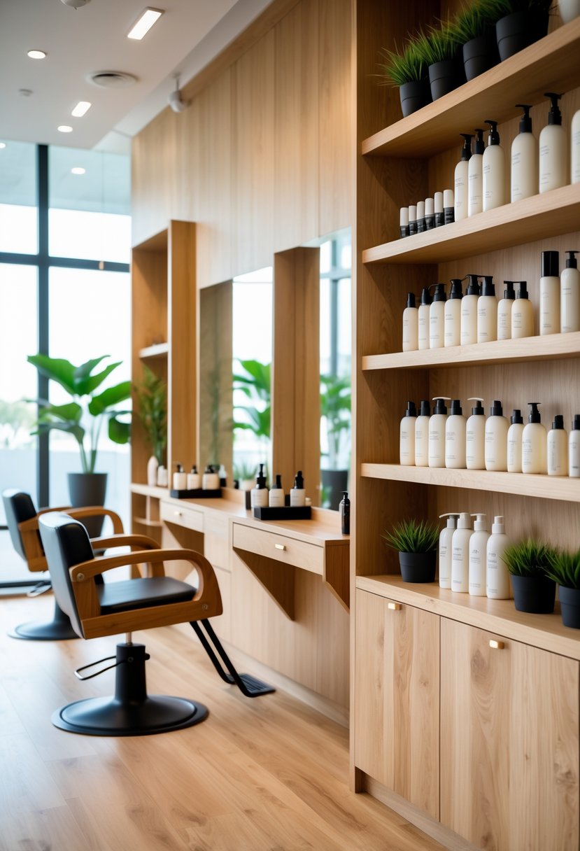 Interior of a salon with wooden shelves, wooden flooring, salon chairs, and natural light coming through windows.