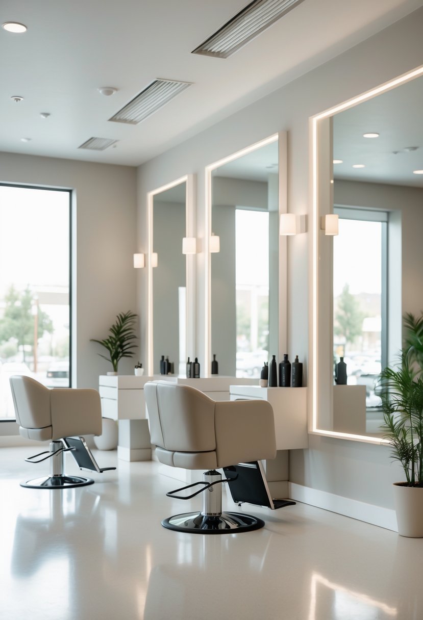 A bright and tidy salon interior with chairs, mirrors, and plants arranged neatly in a well-lit space.
