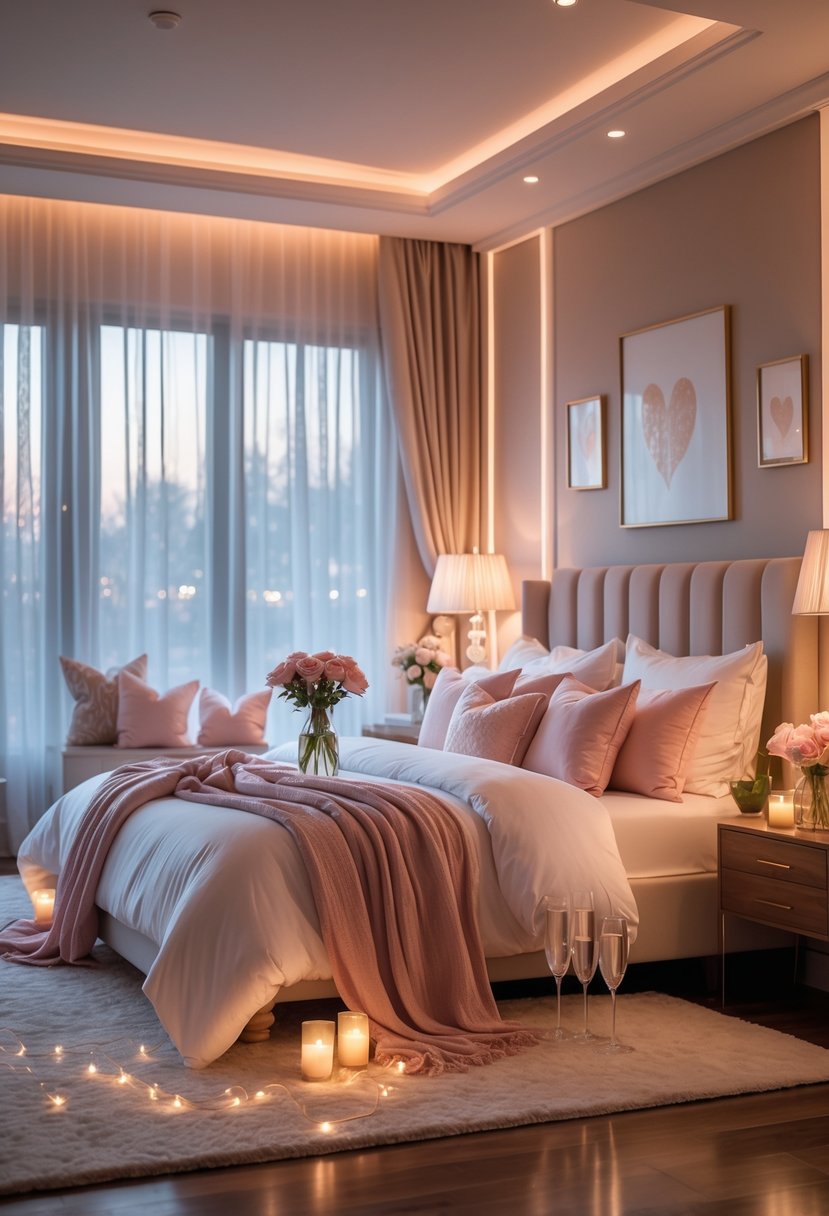 A romantic bedroom with a large bed, soft linens, warm lighting, fresh roses, and cozy decorations.
