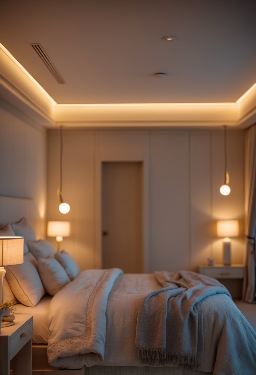 A cozy bedroom softly lit by warm, adjustable smart bulbs creating a romantic and inviting atmosphere.