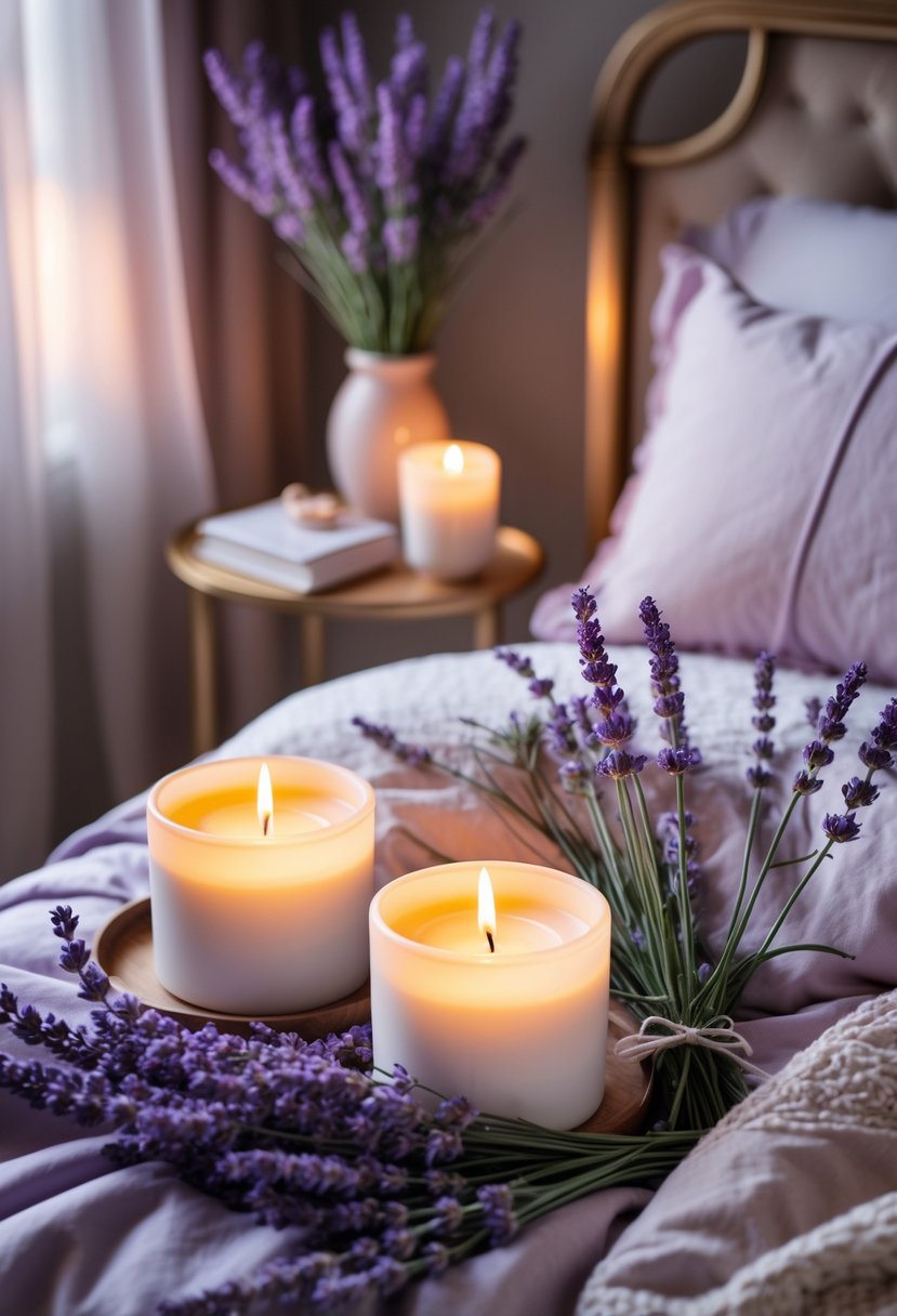 A cozy bedroom scene with lit soy wax candles and fresh lavender on a bedside table.