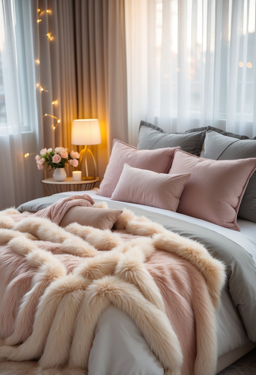 A cozy bedroom with a bed covered in plush faux fur throw blankets and pillows, softly lit by natural light and warm lamps.