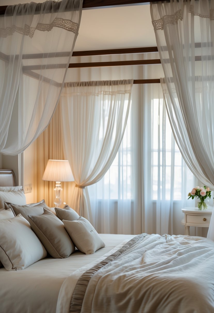 A bedroom with a canopy bed draped in sheer white curtains and soft bedding, illuminated by natural light.