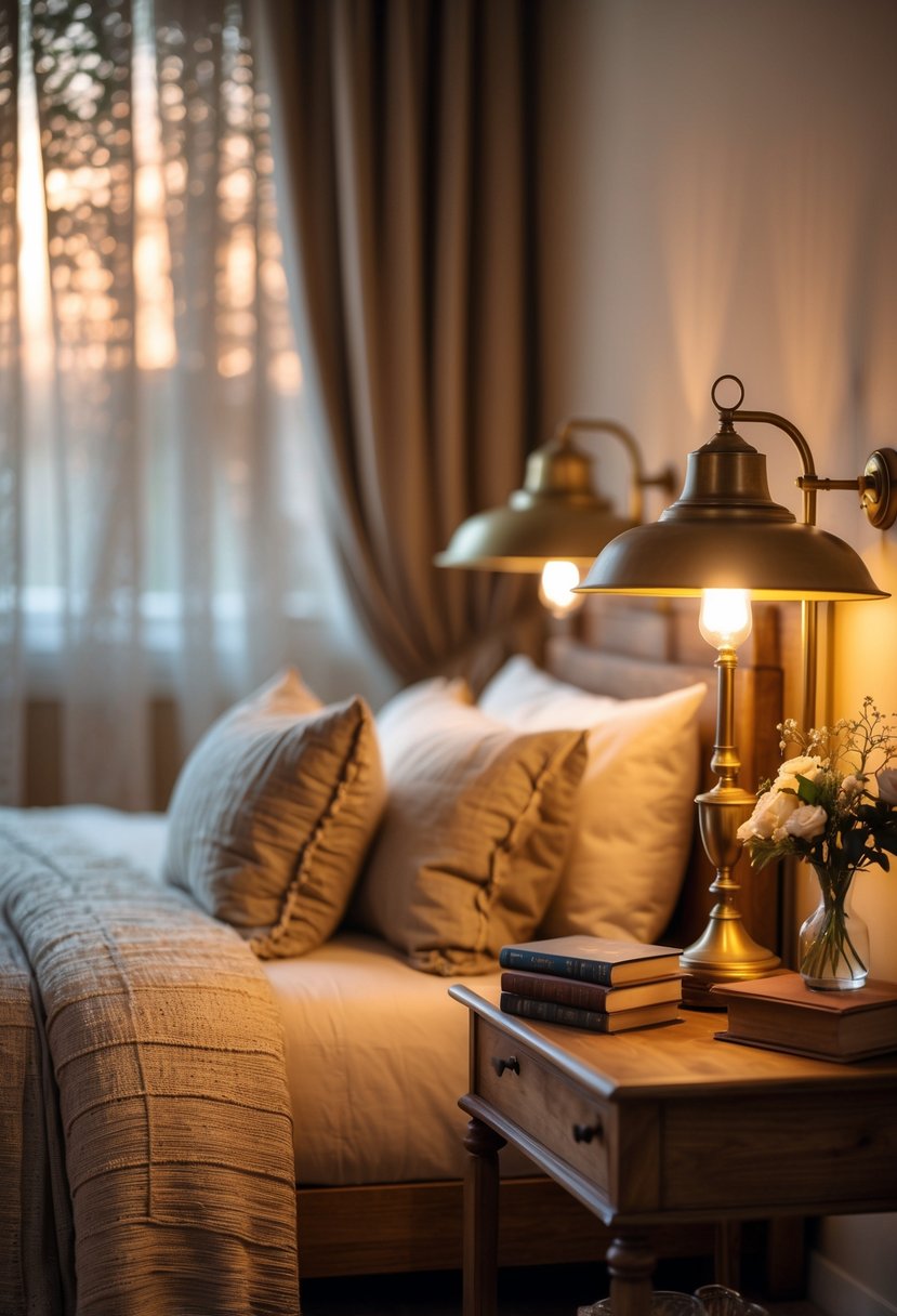 A cozy bedroom with vintage brass bedside lamps glowing warmly on wooden nightstands next to a neatly made bed with pillows and a textured duvet.