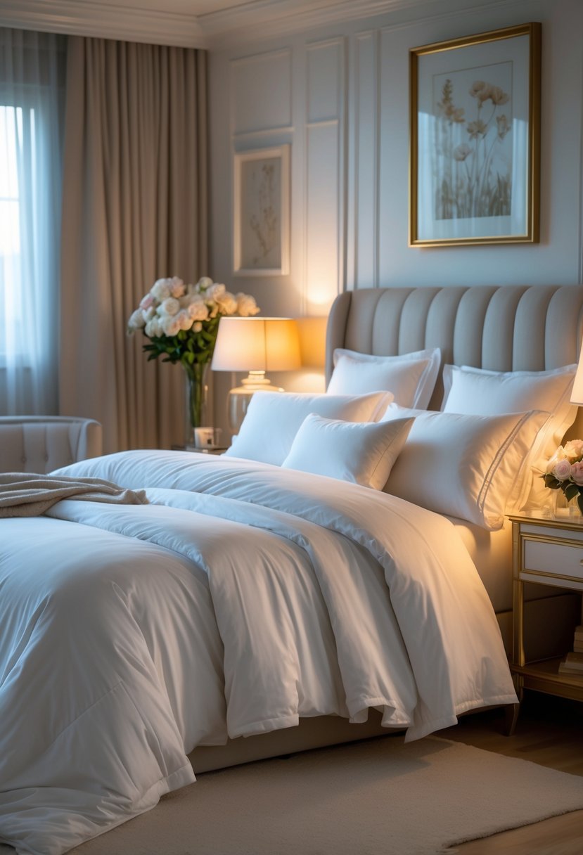 A neatly made bed with white sheets and pillows in a softly lit bedroom with warm lighting and romantic decor.