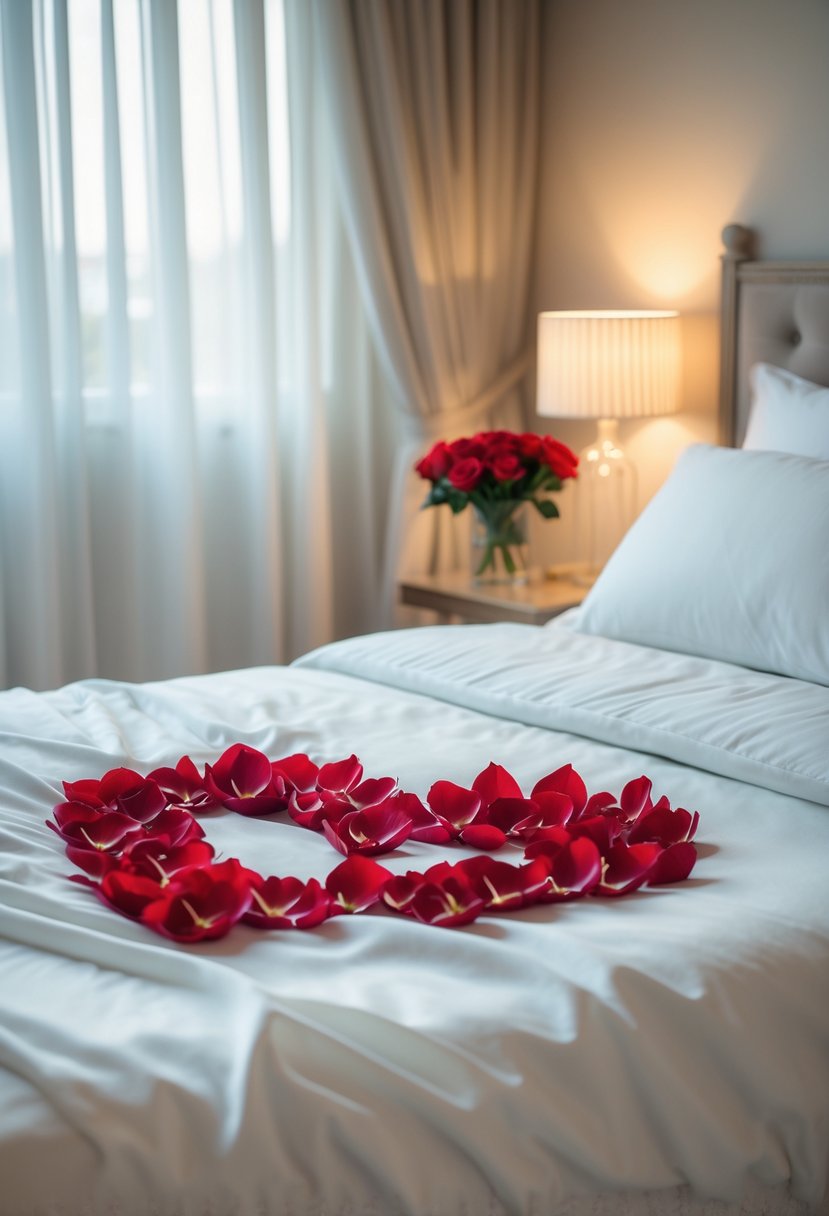 A bed with white linens decorated with red rose petals arranged in a heart shape, with soft natural light and a bedside table holding a small vase of roses.