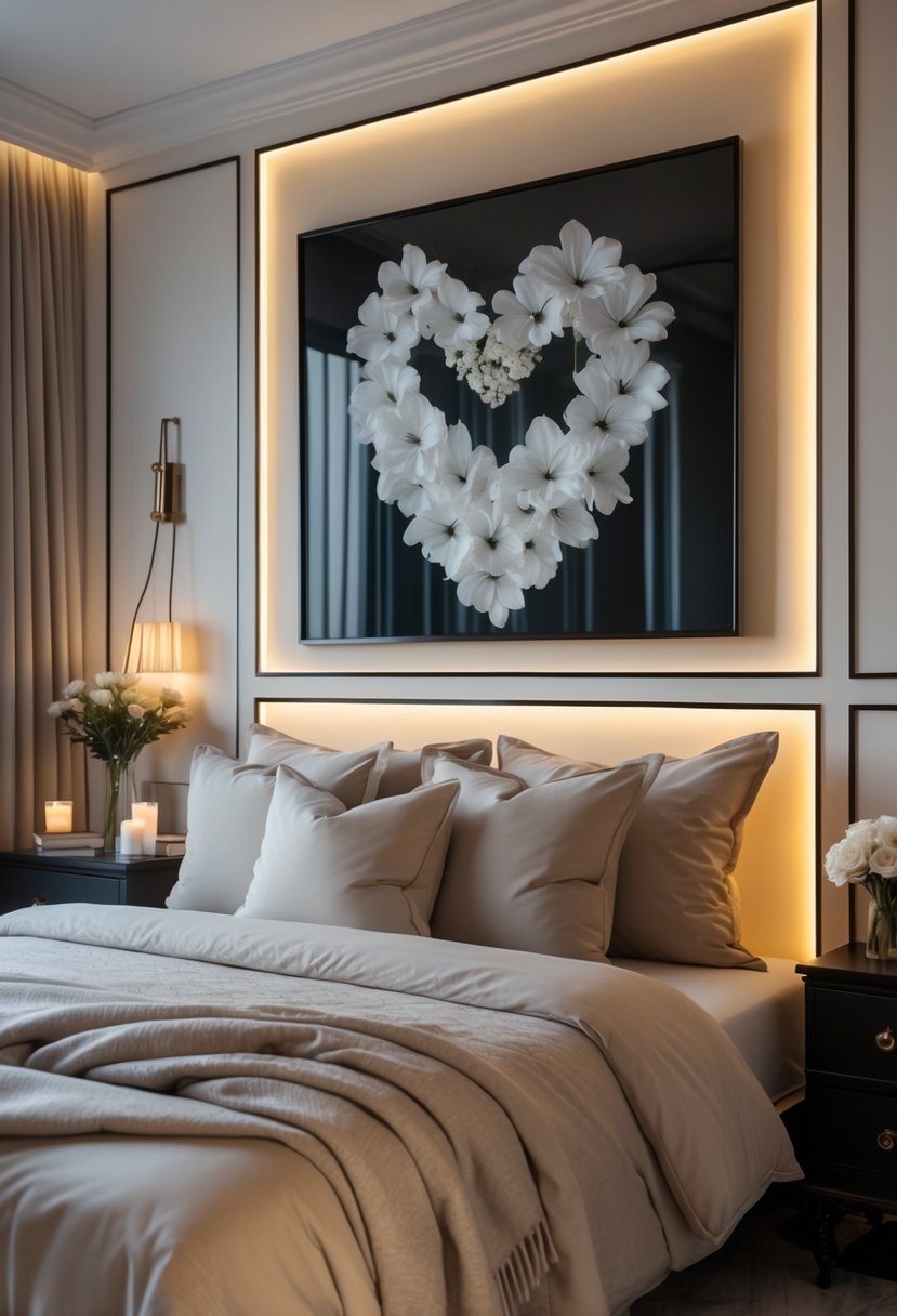 A cozy bedroom with a neatly made bed and framed black-and-white artwork hanging above it.
