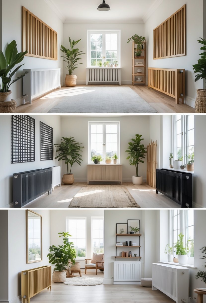 A room displaying ten different radiator covers with various designs and materials arranged along the walls beneath windows.