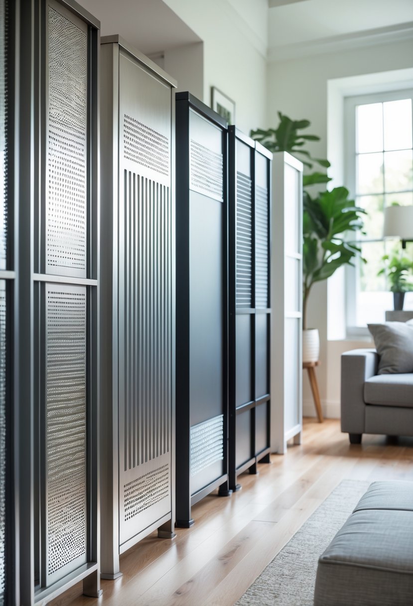 A bright living room with several modern metal radiator covers featuring geometric patterns integrated into the decor.