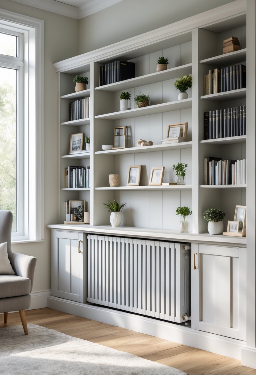 A cozy living room with a built-in bookshelf radiator cover filled with books and decorative items next to a comfortable armchair.