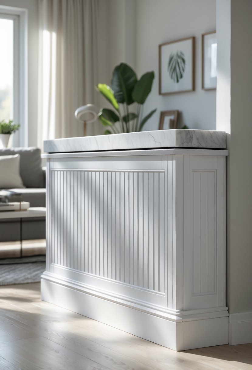 A marble top radiator cover in a modern living room with a sofa, coffee table, and decorative plants.