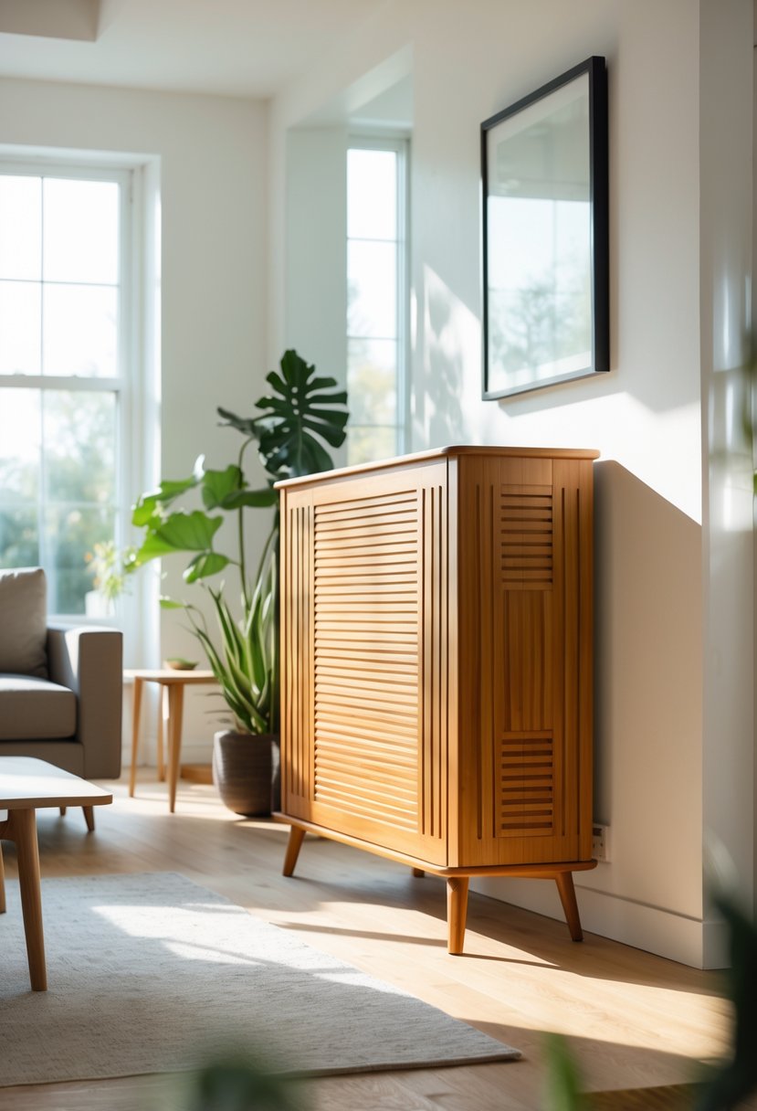 A bright living room with a wooden radiator cover under a window, surrounded by modern furniture and plants.