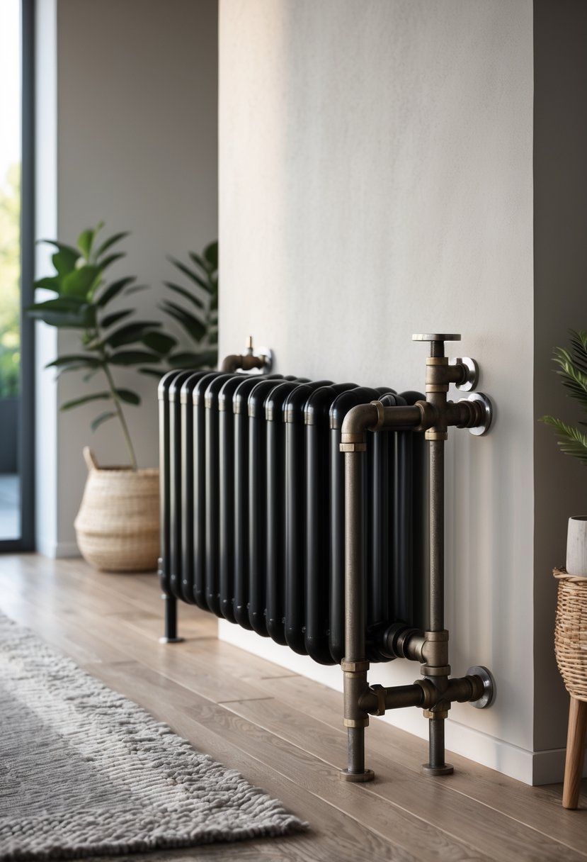 An industrial pipe radiator cover installed against a wall in a modern room with a wooden floor and a small potted plant nearby.