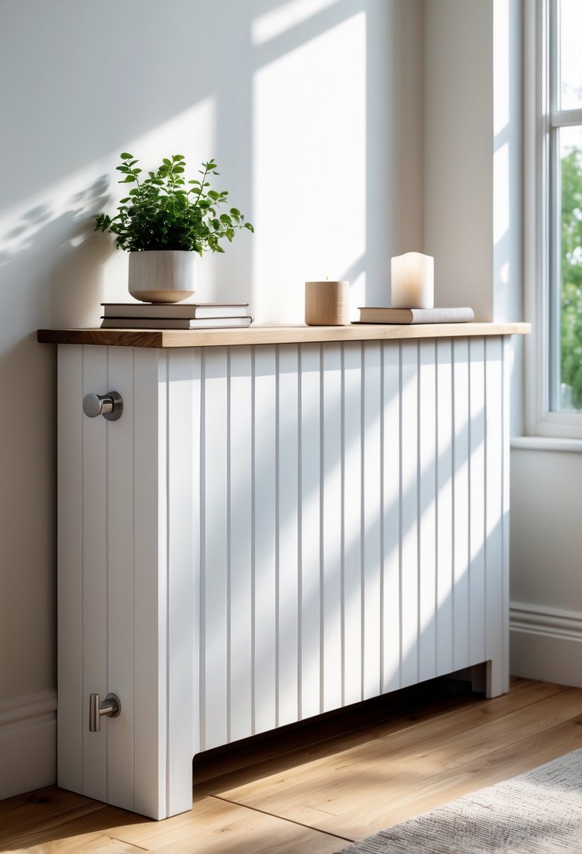 A living room corner with a white shiplap radiator cover box topped with a plant, books, and a candle near a window.