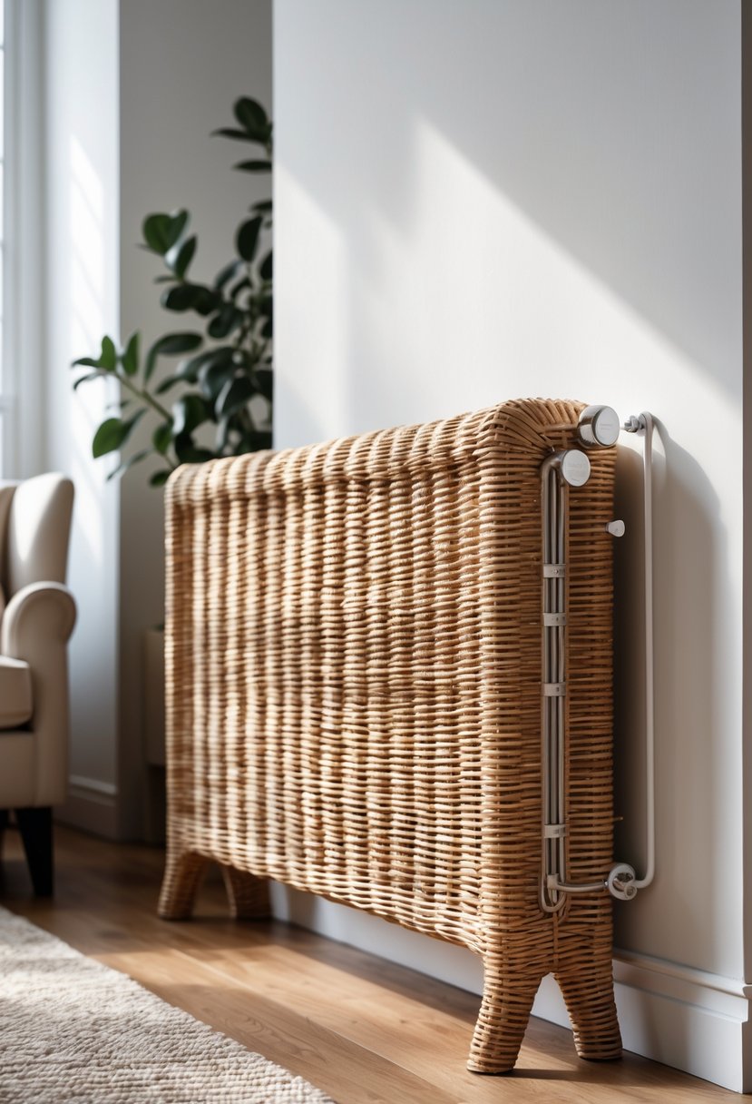 A wicker radiator cover in a living room with a chair, plant, and wooden floor.