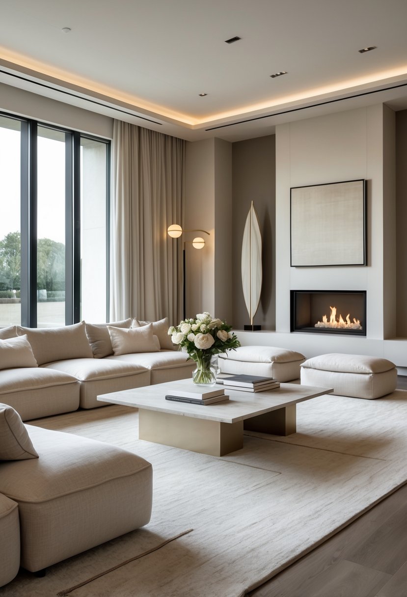 A spacious living room with large windows, neutral-colored sofas, a coffee table with flowers, and a modern fireplace.