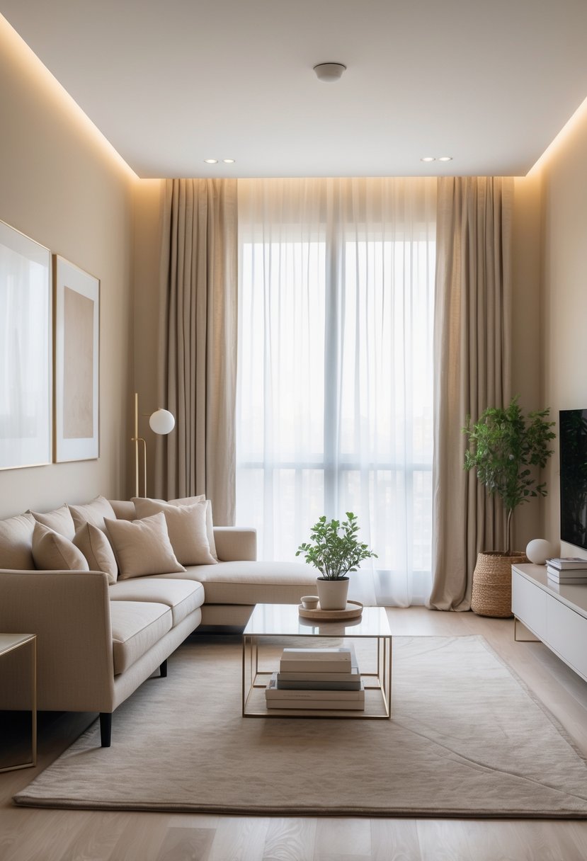 A living room with a beige sofa, taupe rug, coffee table, and large windows letting in natural light.