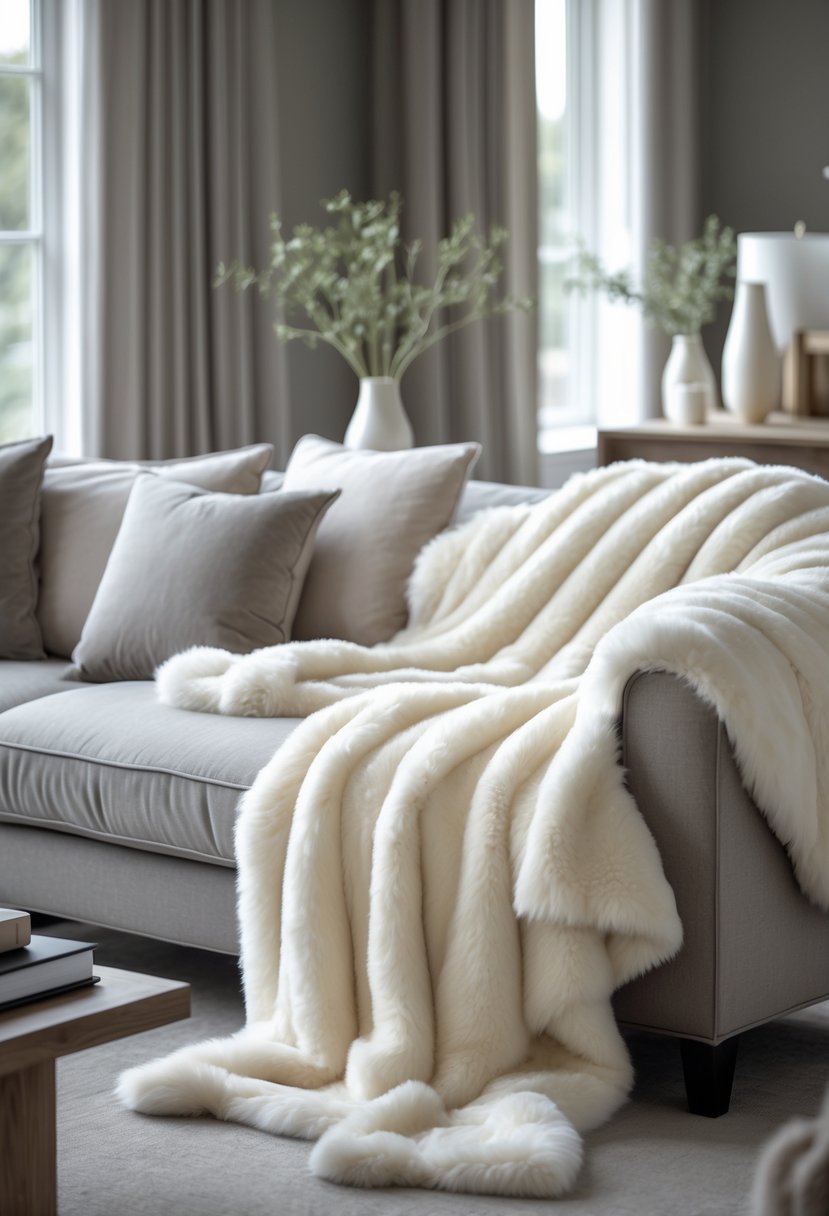 A cozy living room with a sofa covered in soft white sheepskin throws, natural light, and simple decor including a wooden coffee table and plants.