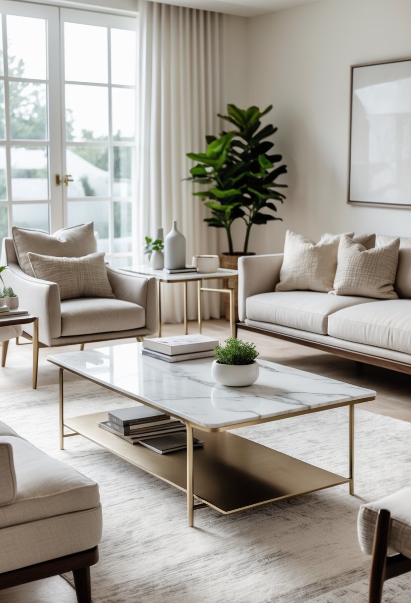 A bright living room with marble coffee tables surrounded by sofas, cushions, plants, and decorative items.