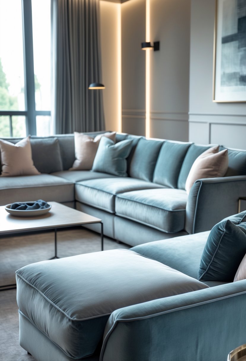 Living room with velvet sofas in muted colors, a coffee table, cushions, and soft natural lighting.