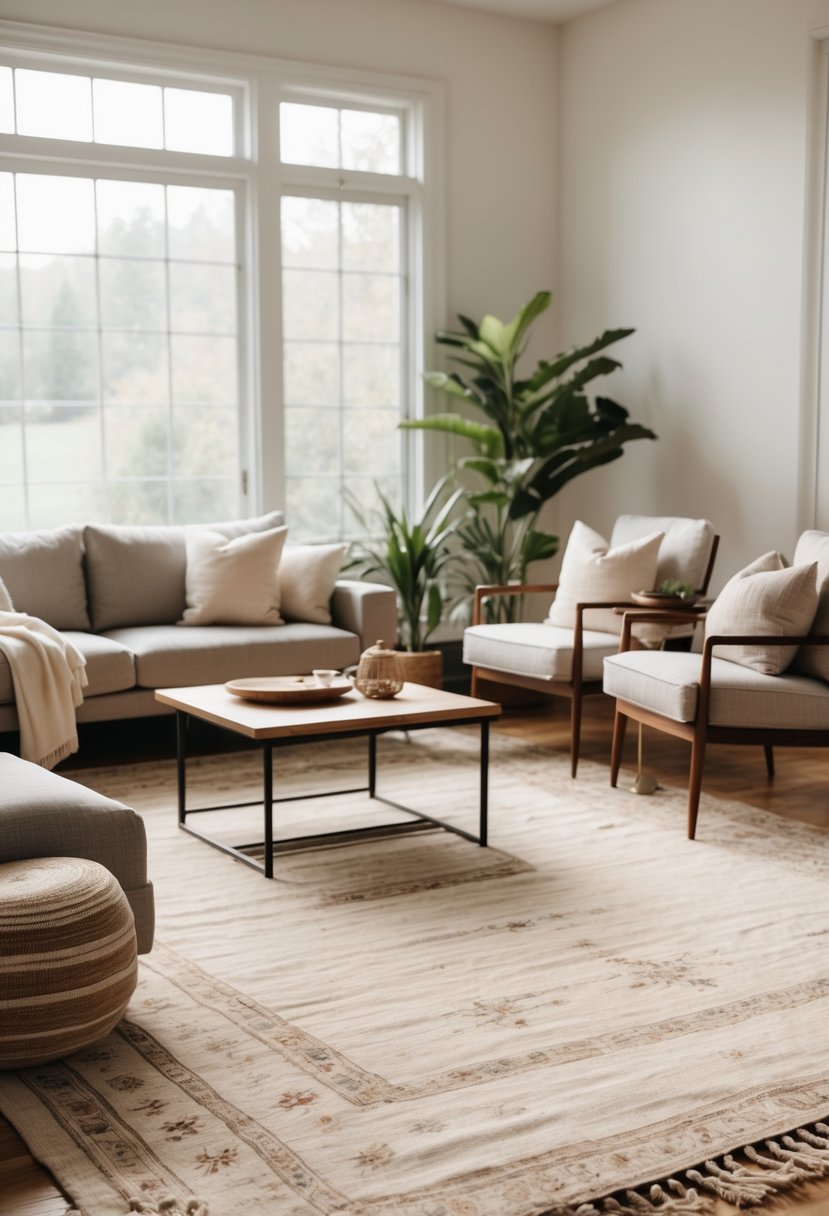 A living room with a sofa, armchairs, a wooden coffee table, and handwoven wool rugs on a hardwood floor, lit by natural light from large windows.