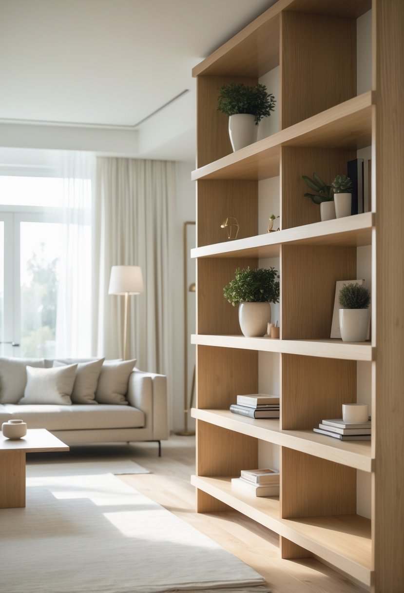 Living room with oak wood shelving units displaying plants and books, a sofa, and natural light coming through large windows.