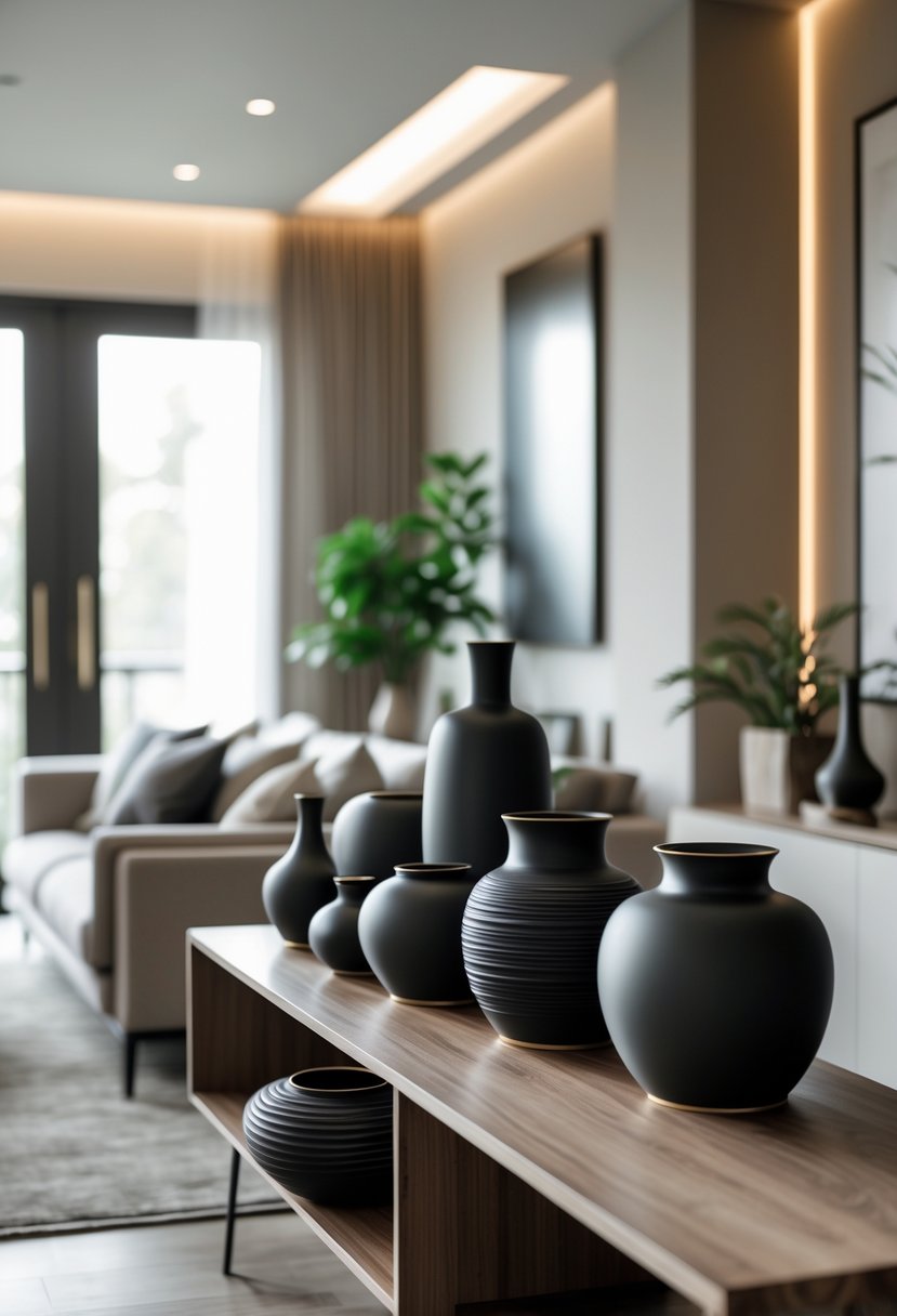 A living room with matte black ceramic vases displayed on a wooden surface, surrounded by a sofa, cushions, plants, and soft natural light.
