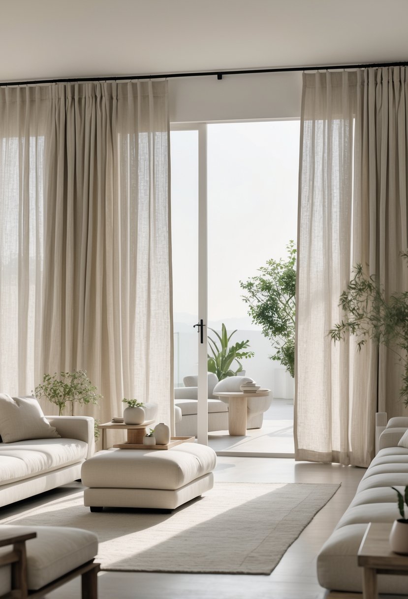 A bright living room with natural linen curtains, comfortable seating, and plants near large windows.