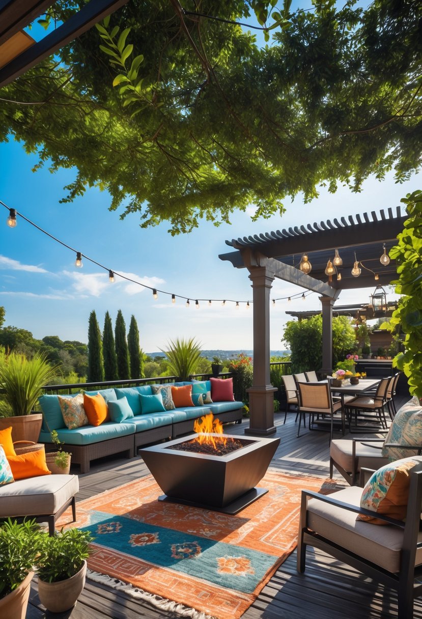 A spacious outdoor patio with wooden deck, comfortable seating, a fire pit, potted plants, string lights, and greenery in the background.