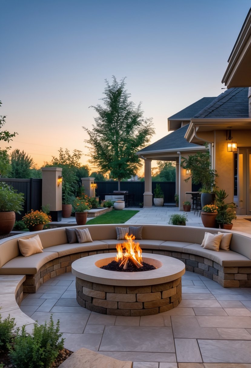 Outdoor patio with built-in curved seating around a stone fire pit surrounded by plants and greenery.