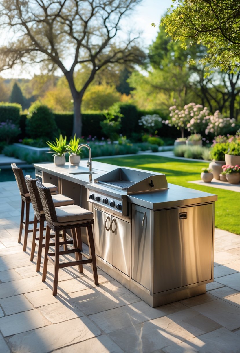 Outdoor kitchen island on a patio with grill, sink, bar stools, and plants overlooking a garden.