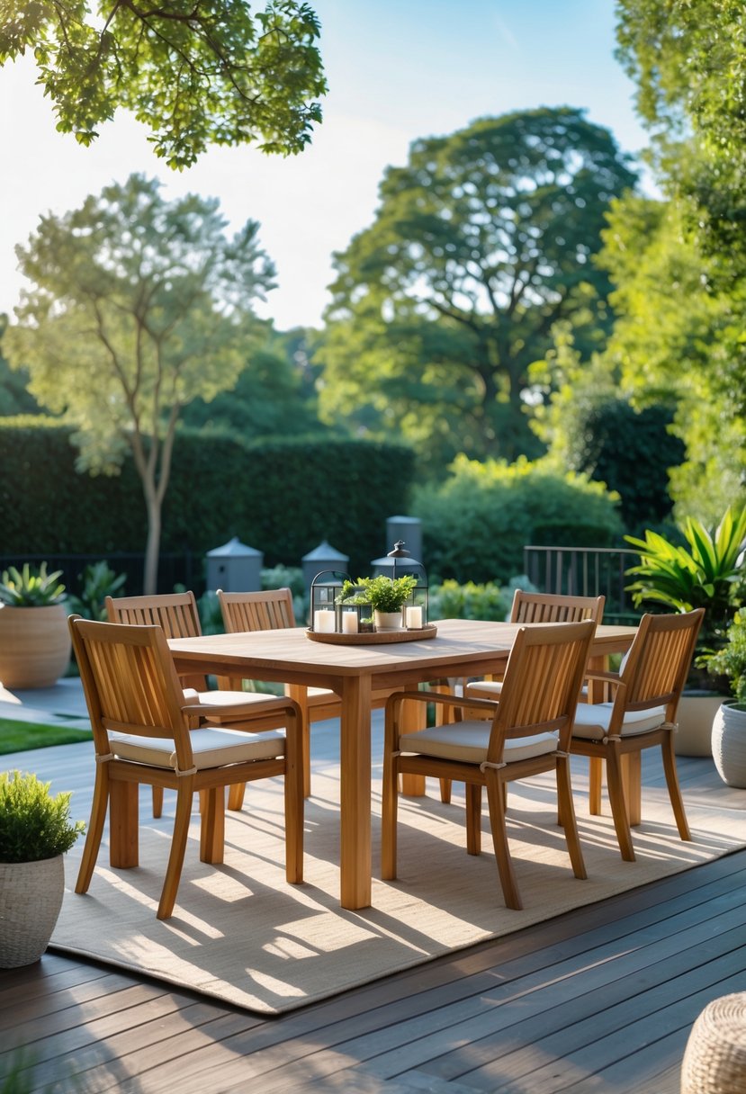 A teak patio furniture set with a dining table and chairs on a wooden deck surrounded by green plants and trees.