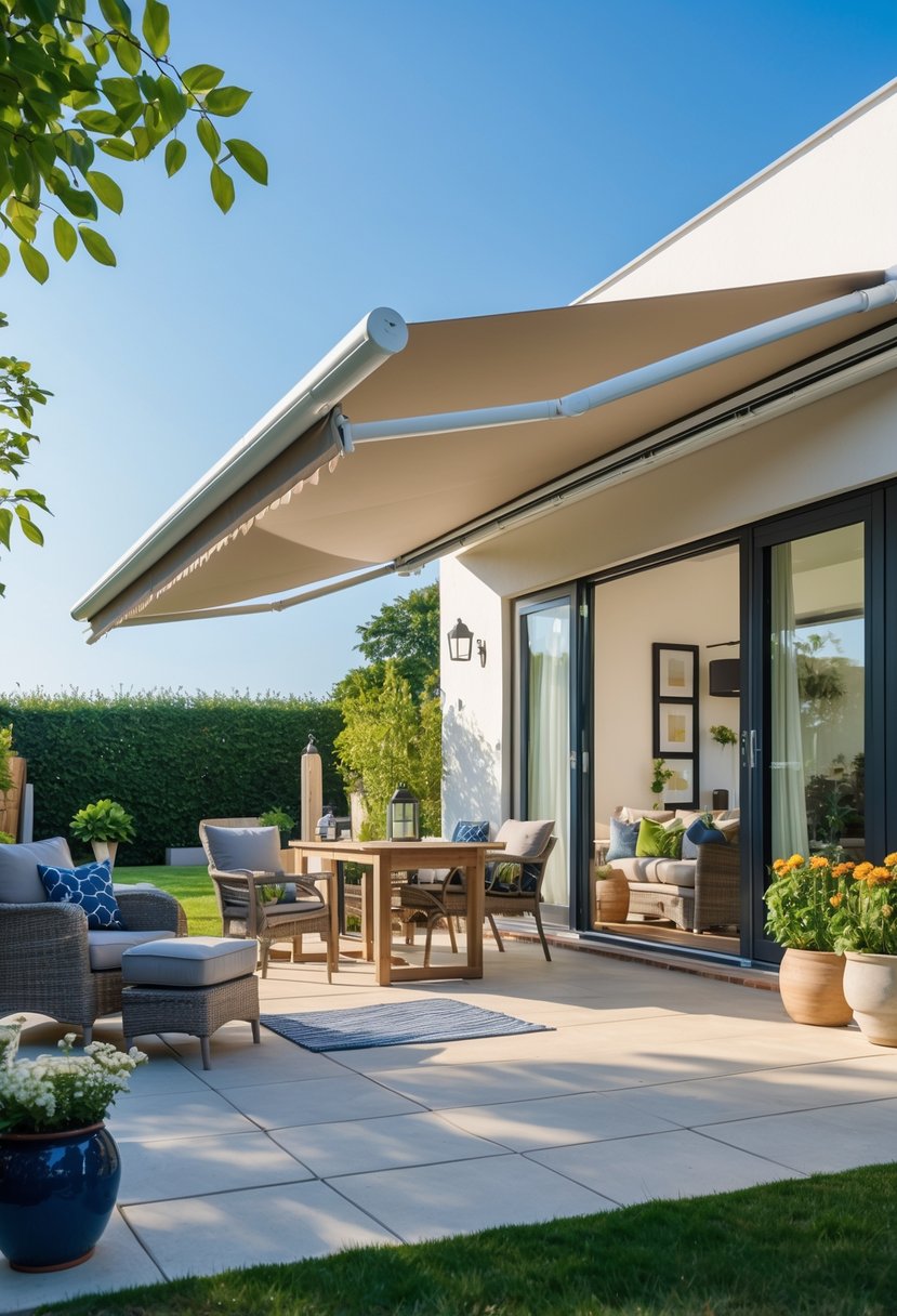 Outdoor patio with a retractable awning providing shade over a seating area surrounded by plants and garden.