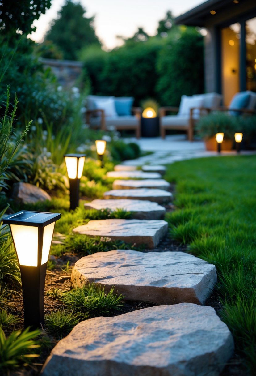 Stone pathway with solar lights leading through a garden to an outdoor patio seating area.