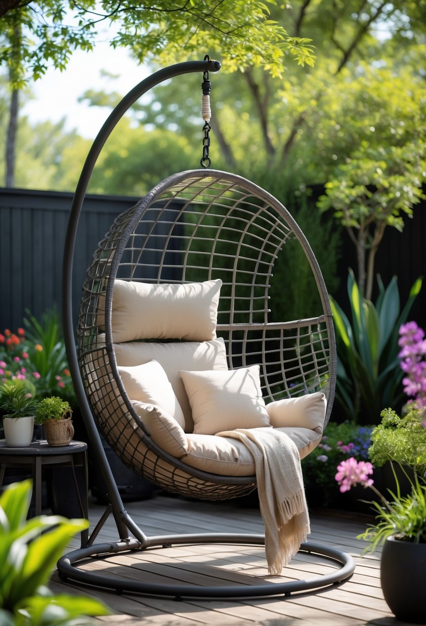 An outdoor patio with a hanging egg chair surrounded by green plants and flowers on a wooden deck.