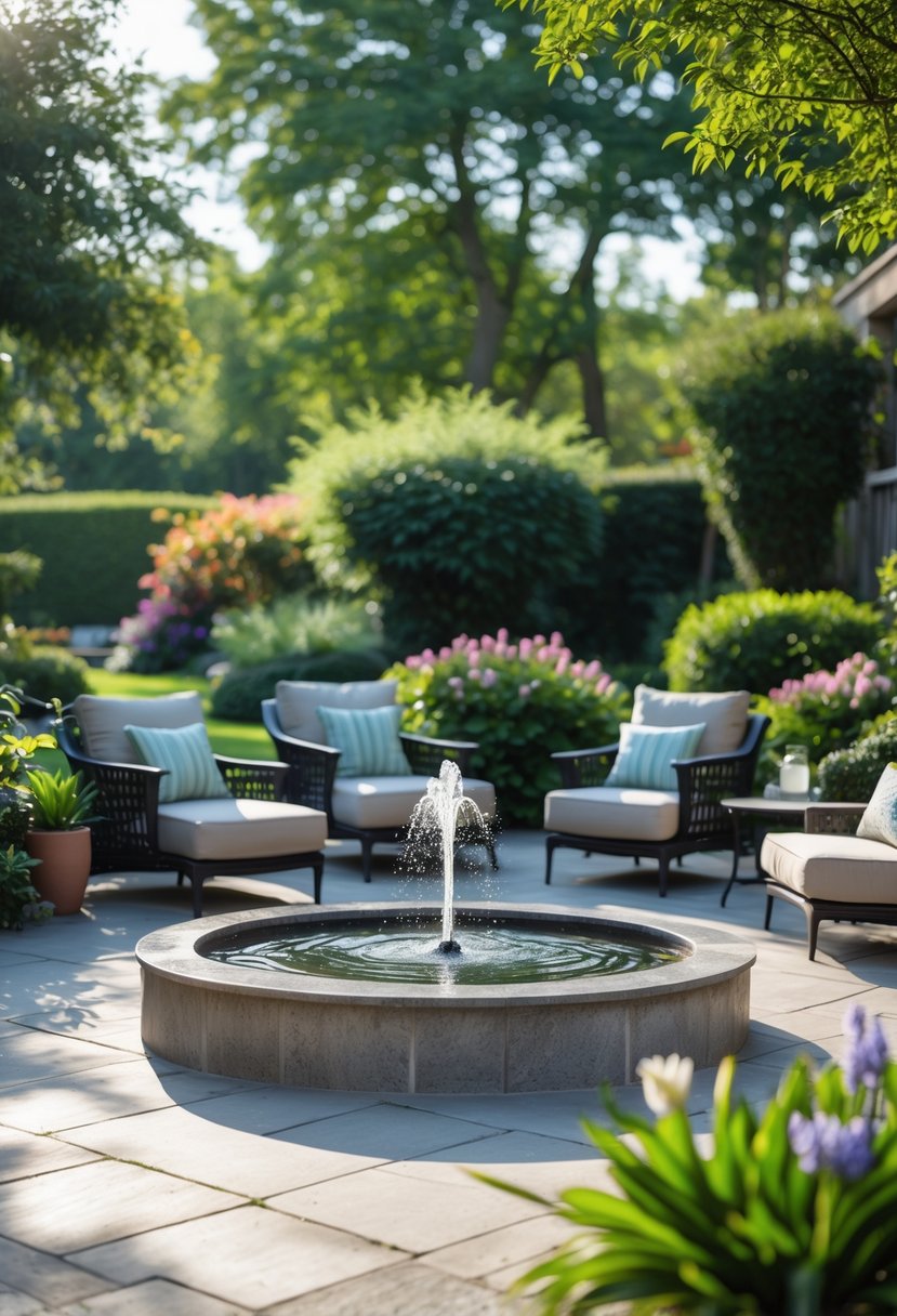 Outdoor patio with a modern water fountain surrounded by seating and greenery.