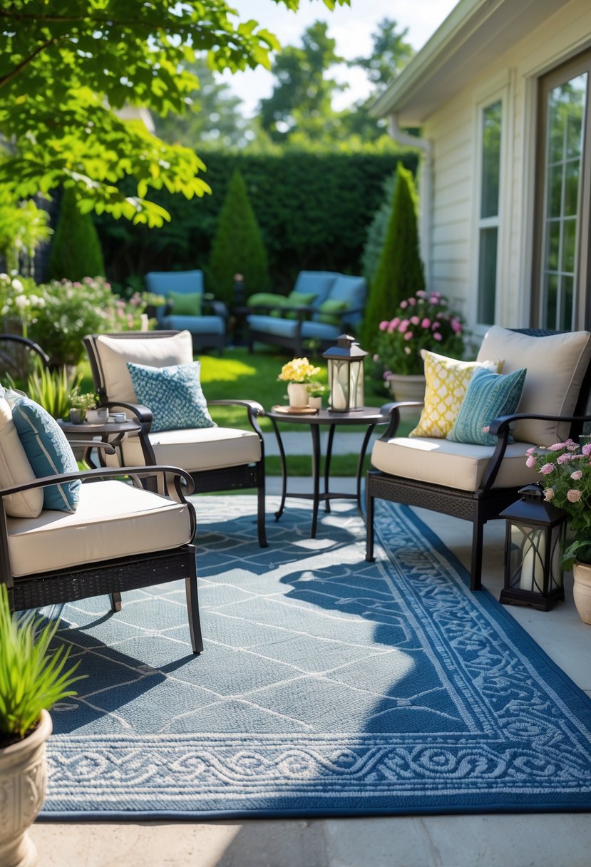 Outdoor patio with a weatherproof rug, cushioned chairs, a small table, and surrounding plants on a sunny day.
