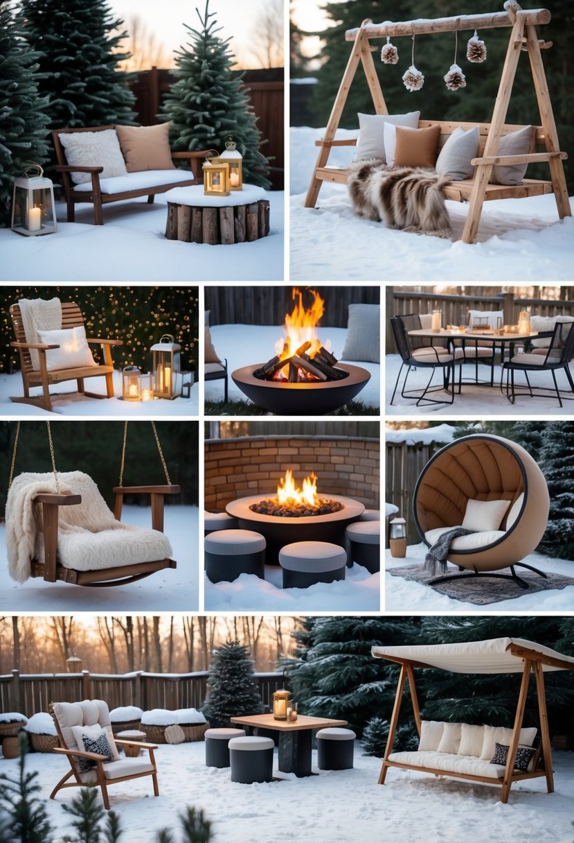 A snowy backyard with various outdoor winter seating options including benches, chairs, a swing, and a fire pit, all decorated with blankets and cushions.
