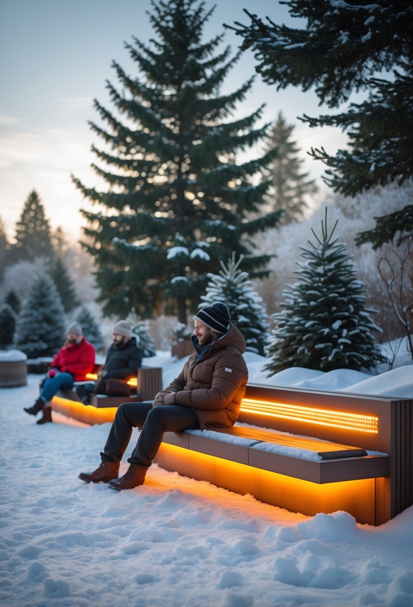 Outdoor winter scene with heated benches surrounded by snow and people sitting comfortably.
