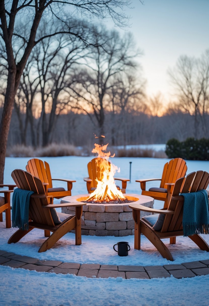 Outdoor fire pit surrounded by Adirondack chairs with blankets and mugs, set in a snowy winter landscape.