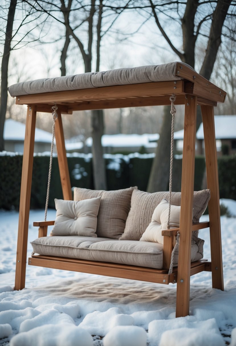 Wooden swing bench with thick cushions outdoors in a snowy winter garden.